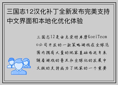 三国志12汉化补丁全新发布完美支持中文界面和本地化优化体验