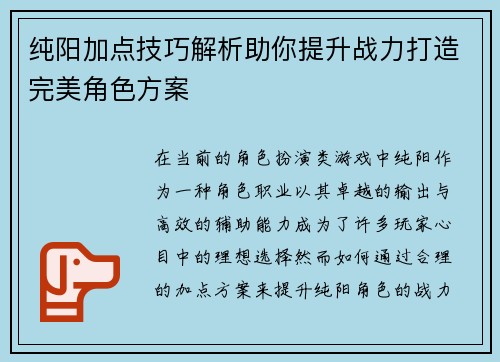 纯阳加点技巧解析助你提升战力打造完美角色方案